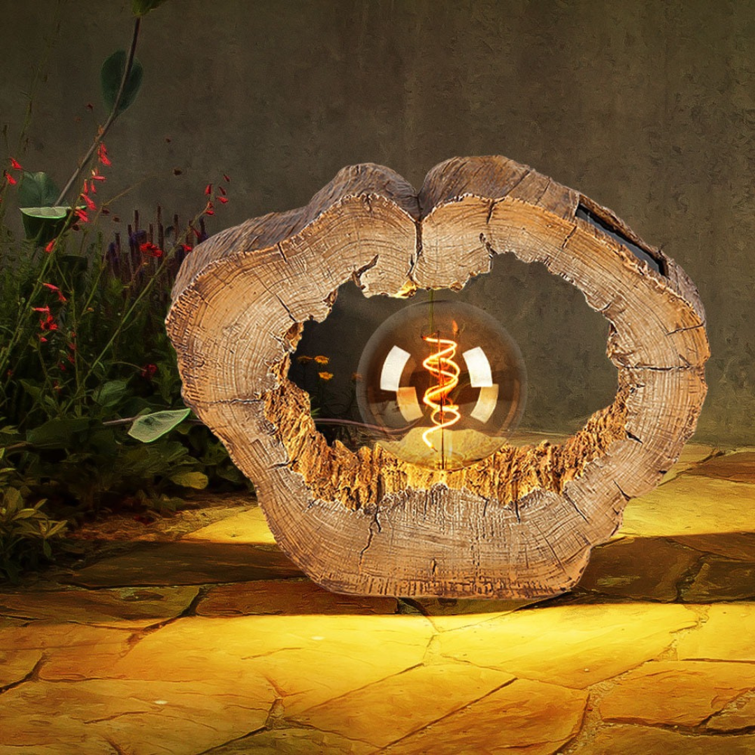 Solar LED Tree Disc Light, Wood Look, 12in Warm White