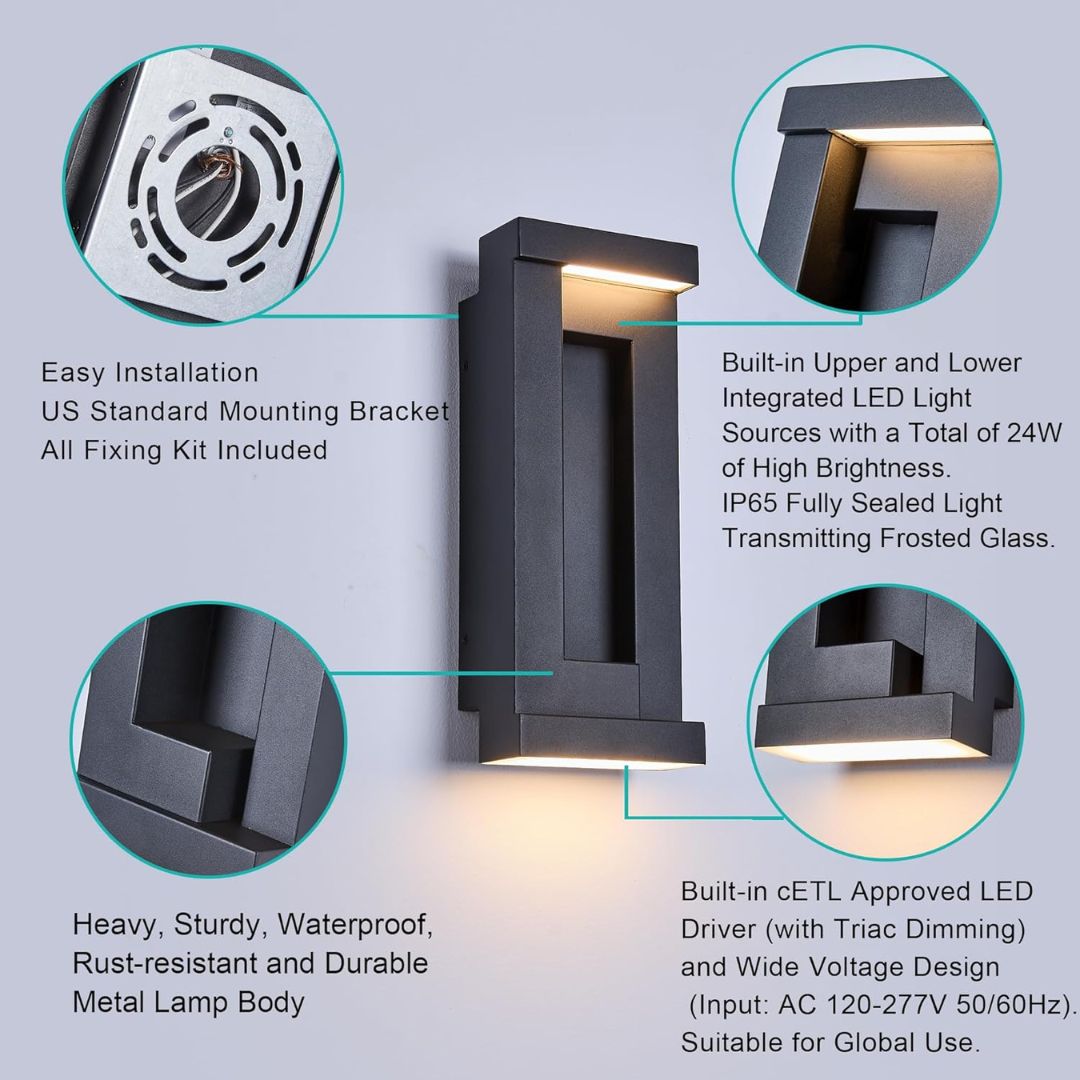 Modern Outdoor LED Wall Light Textured Black Waterproof 2200 Lumens