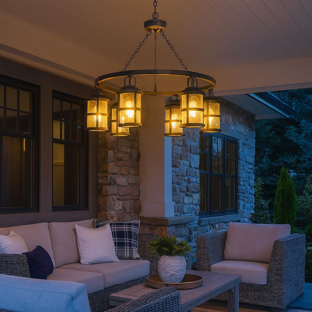 Aged Zinc Outdoor Pendant Light Fixture with Seedy Glass for Exterior Use