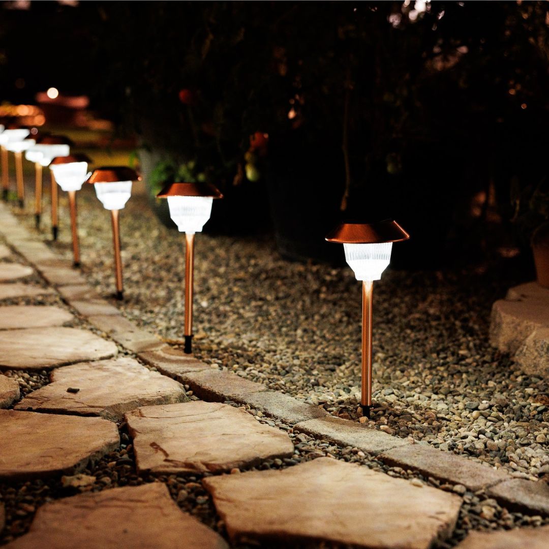 Copper Solar Path Lights Outdoor 12-Pack – Brushed Finish LED Stakes