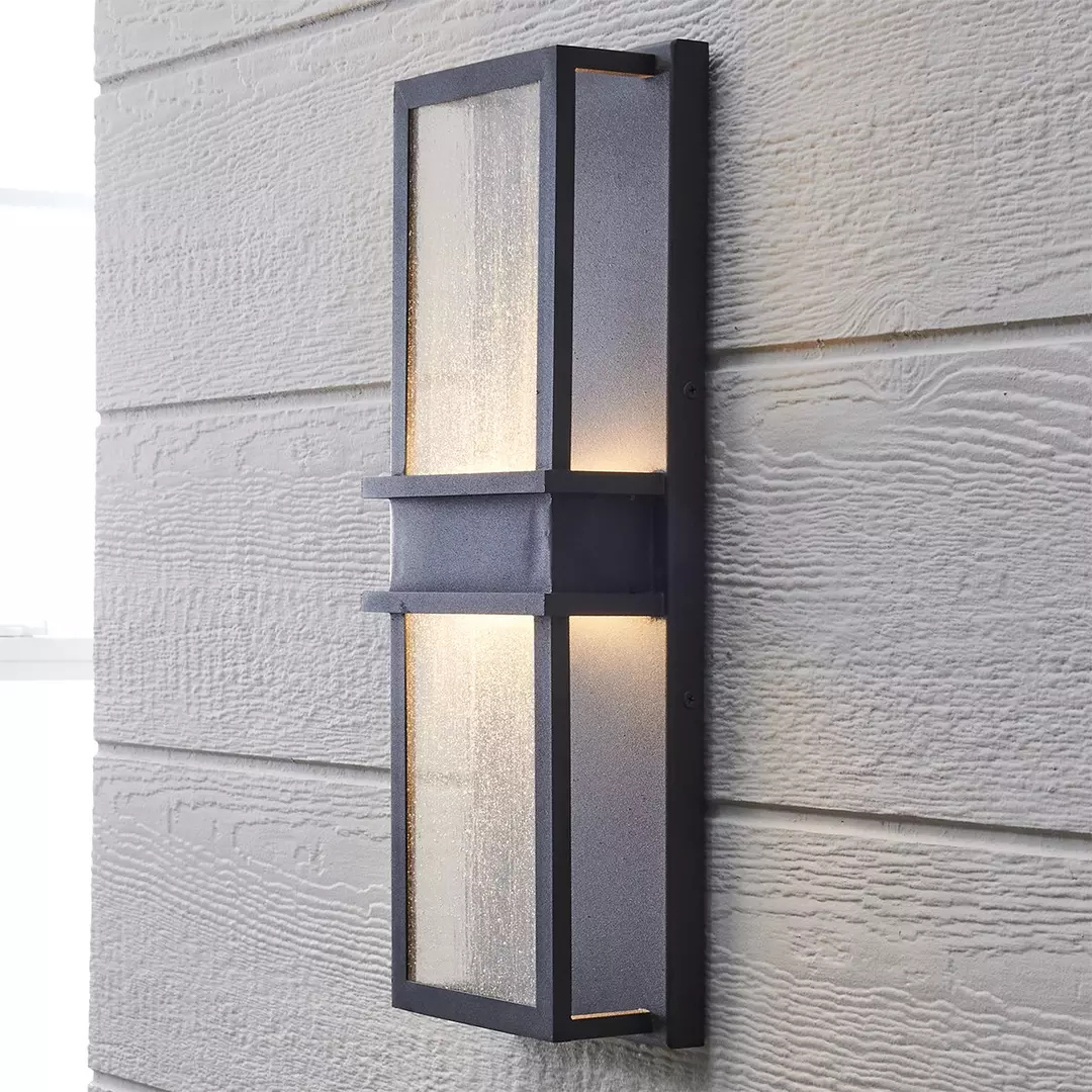 LED Outdoor Wall Sconce Black Seeded Glass 18in Dimmable Waterproof
