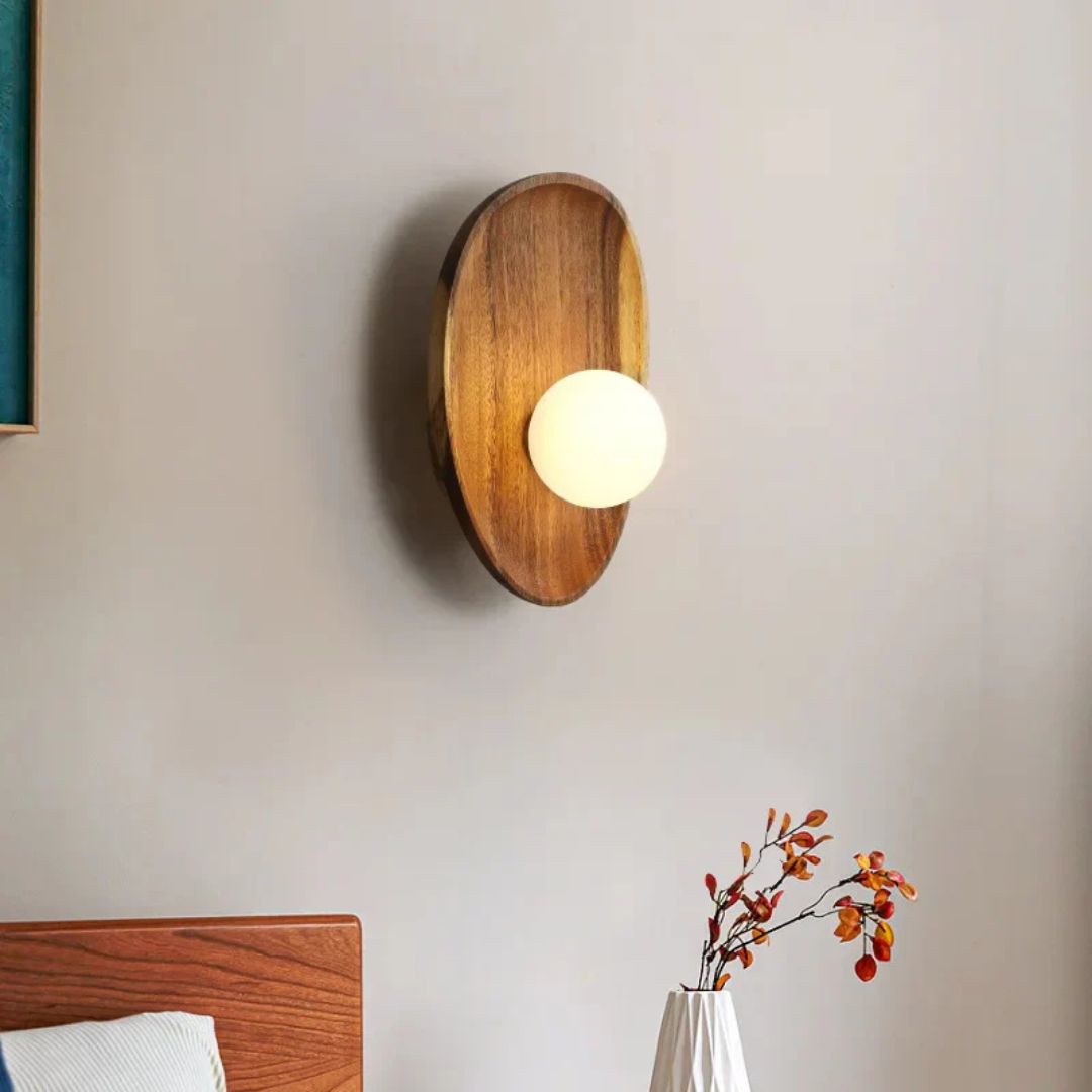 Wall Lamp with Acacia Wood & Opal Glass – Japandi Style E27 Light