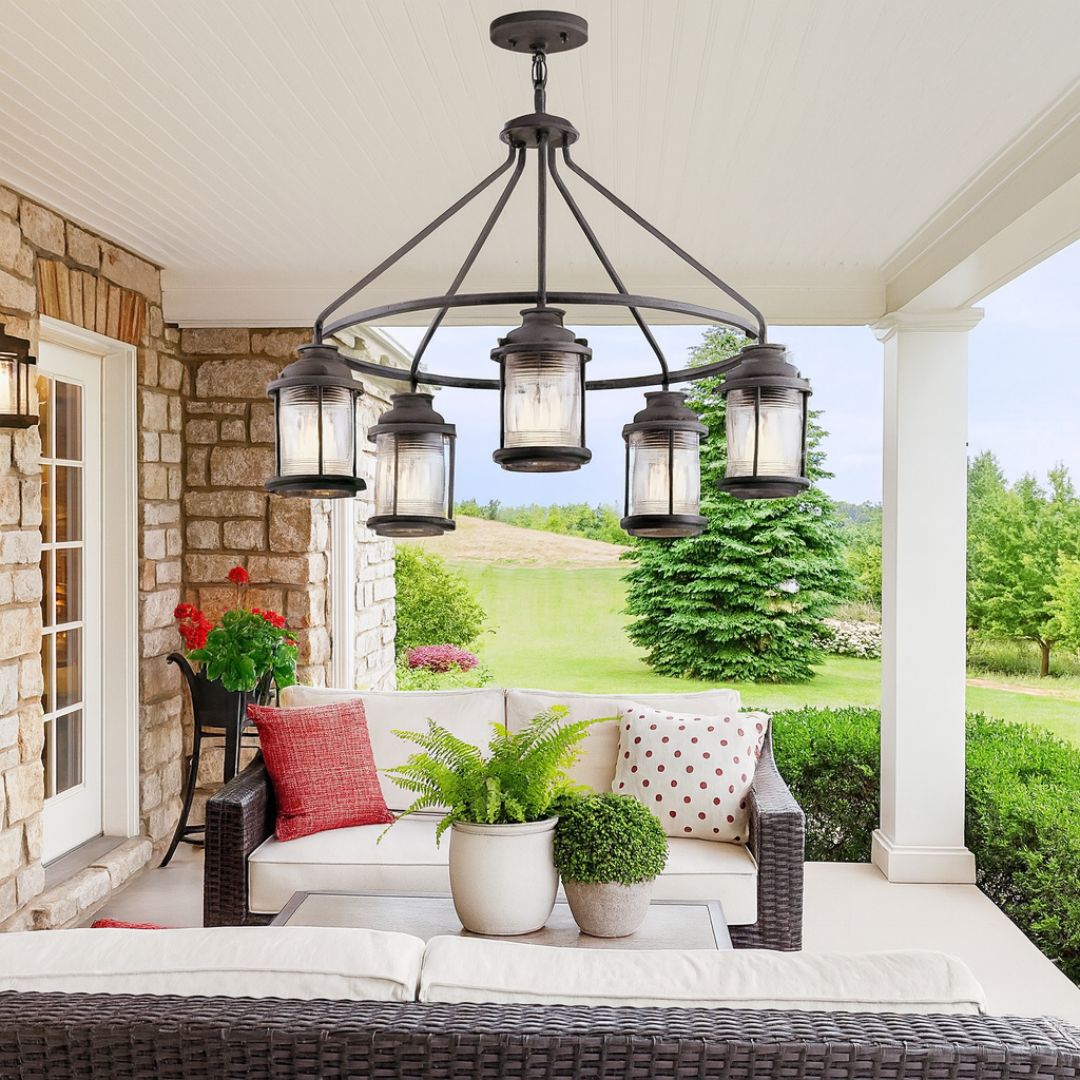 Outdoor Chandelier with 5 Lights in Weathered Zinc Finish for Gazebo