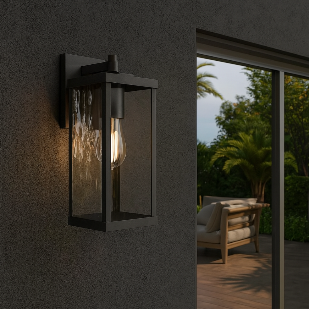 Outdoor Wall Lantern with Clear Hammered Glass and Matte Black Finish
