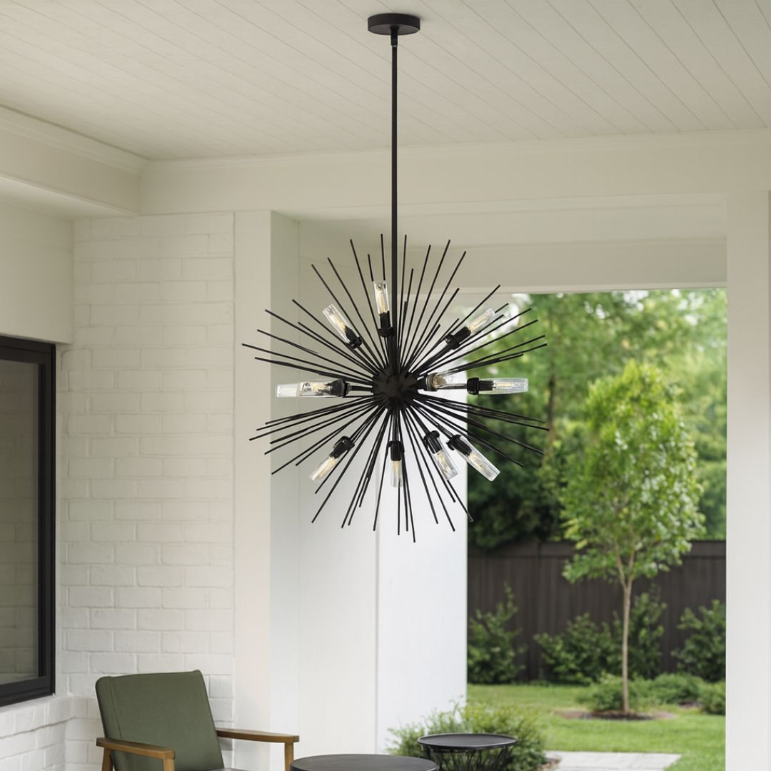Large Outdoor Chandelier with Slim Metal Arms and Globe Design - Modern Exterior Lighting
