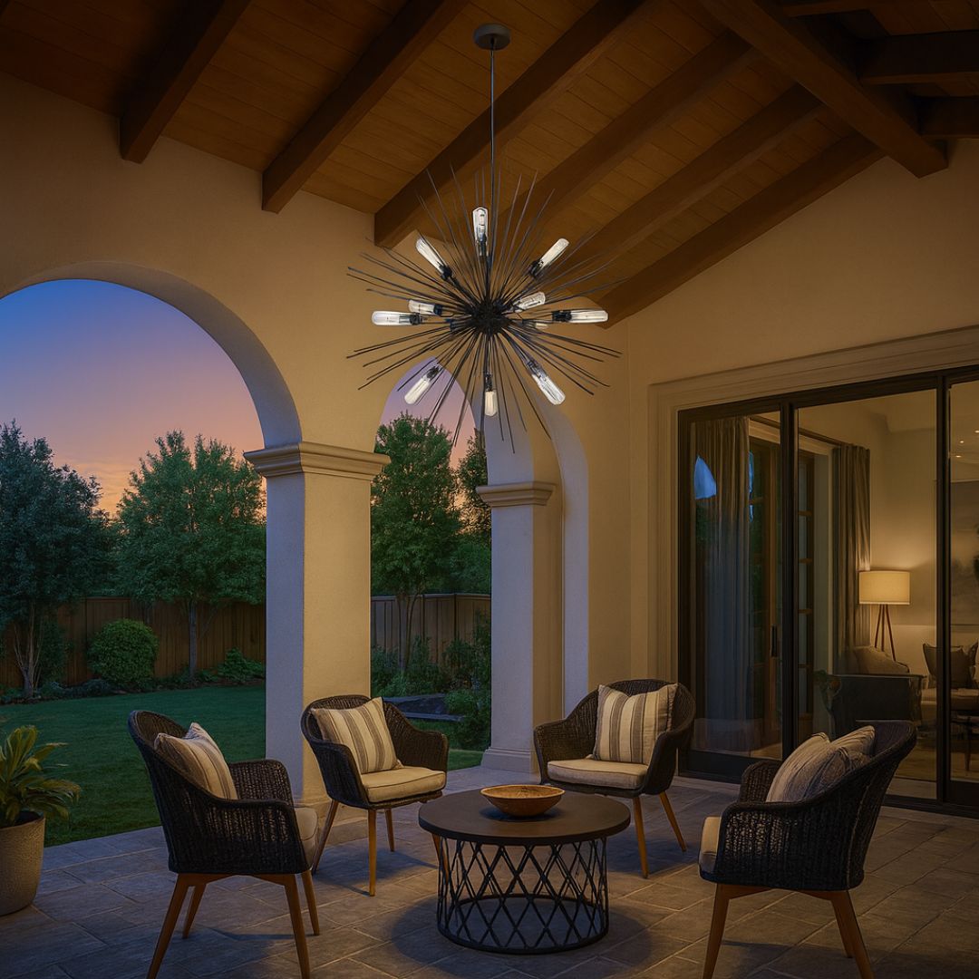 Large Outdoor Chandelier with Slim Metal Arms and Globe Design - Modern Exterior Lighting