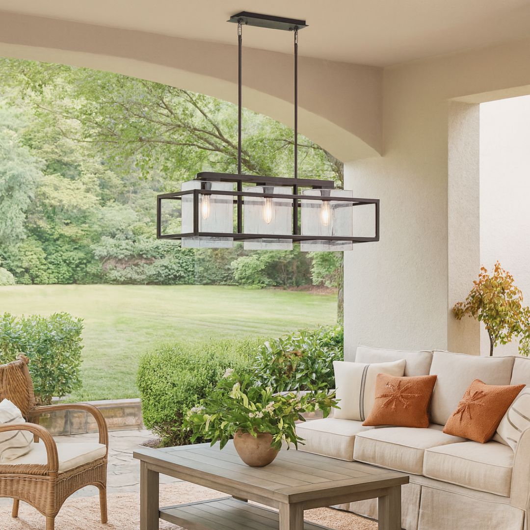 Outdoor Chandelier Light, 3-Light Linear Fixture with Weathered Zinc Finish