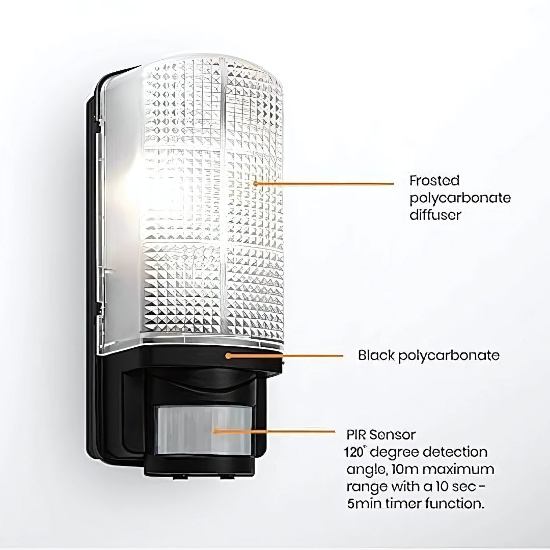 Outdoor Motion Sensor Wall Light IP44 Black PIR LED Compatible