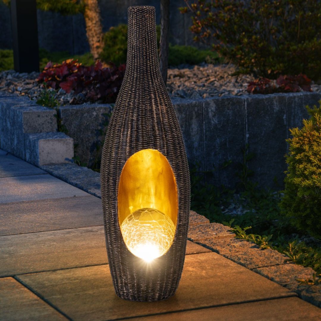 Solar LED Rattan Garden Lamp with Glass Ball Gold