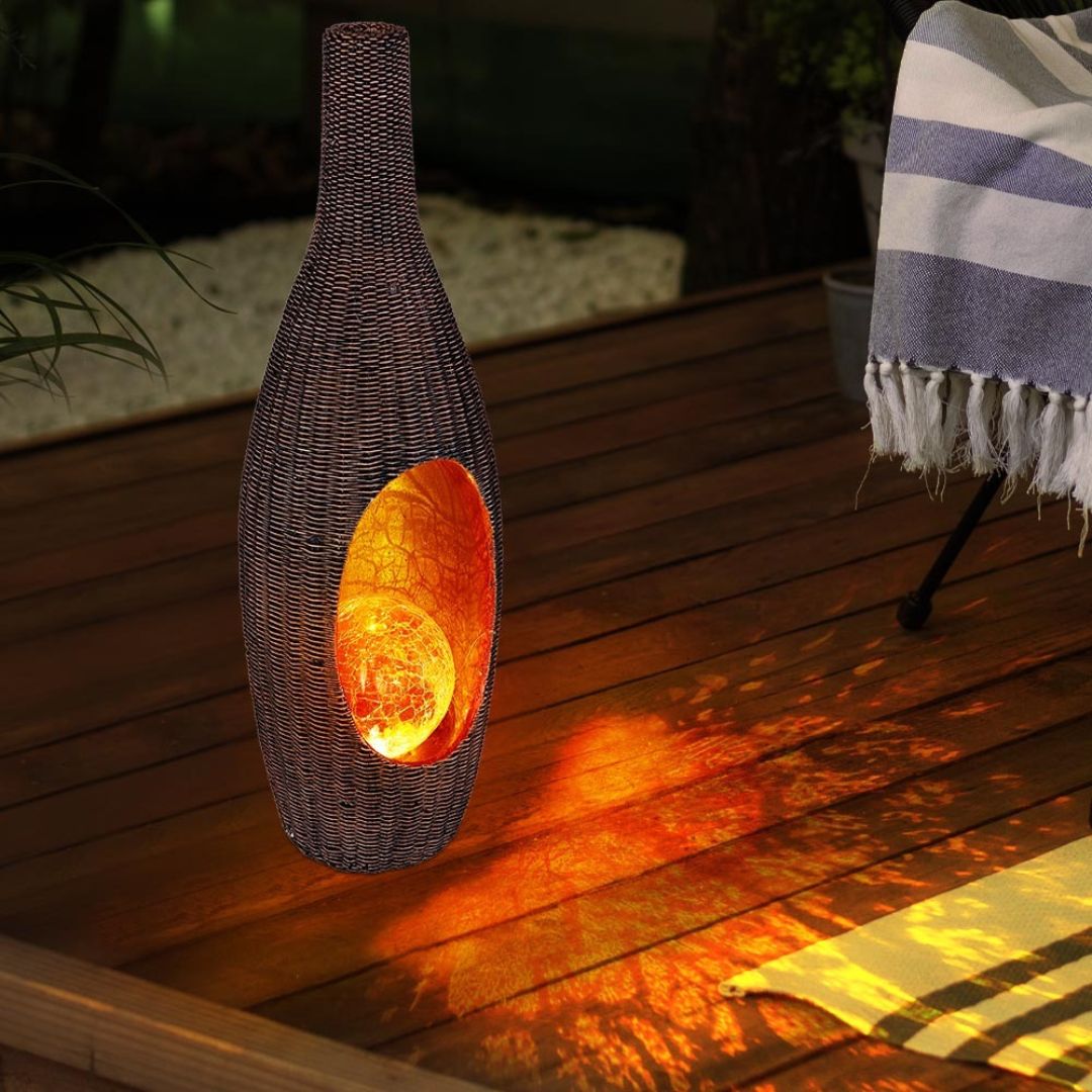 Solar LED Rattan Garden Lamp with Glass Ball Gold