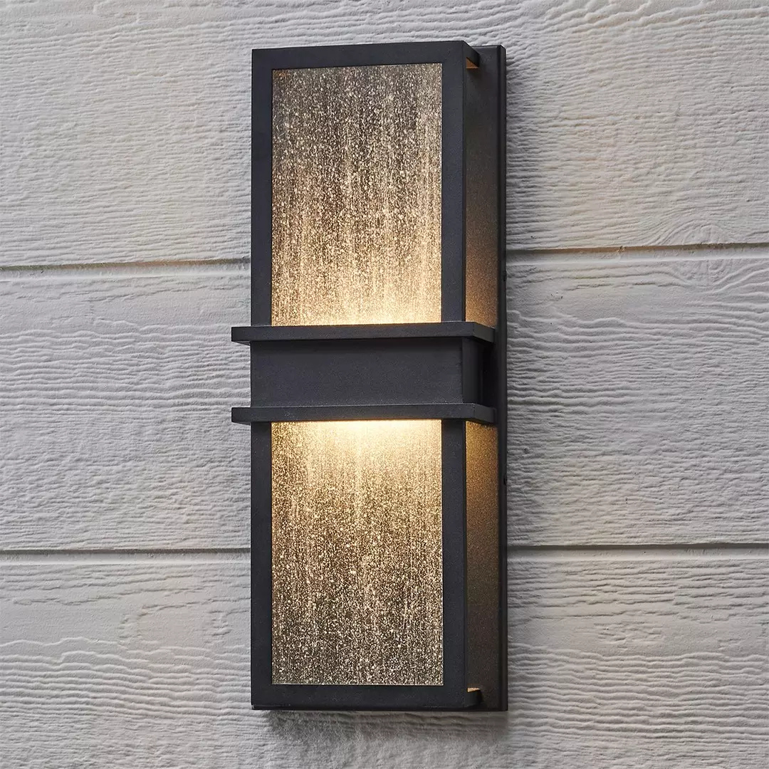 LED Outdoor Wall Sconce Black Seeded Glass 18in Dimmable Waterproof