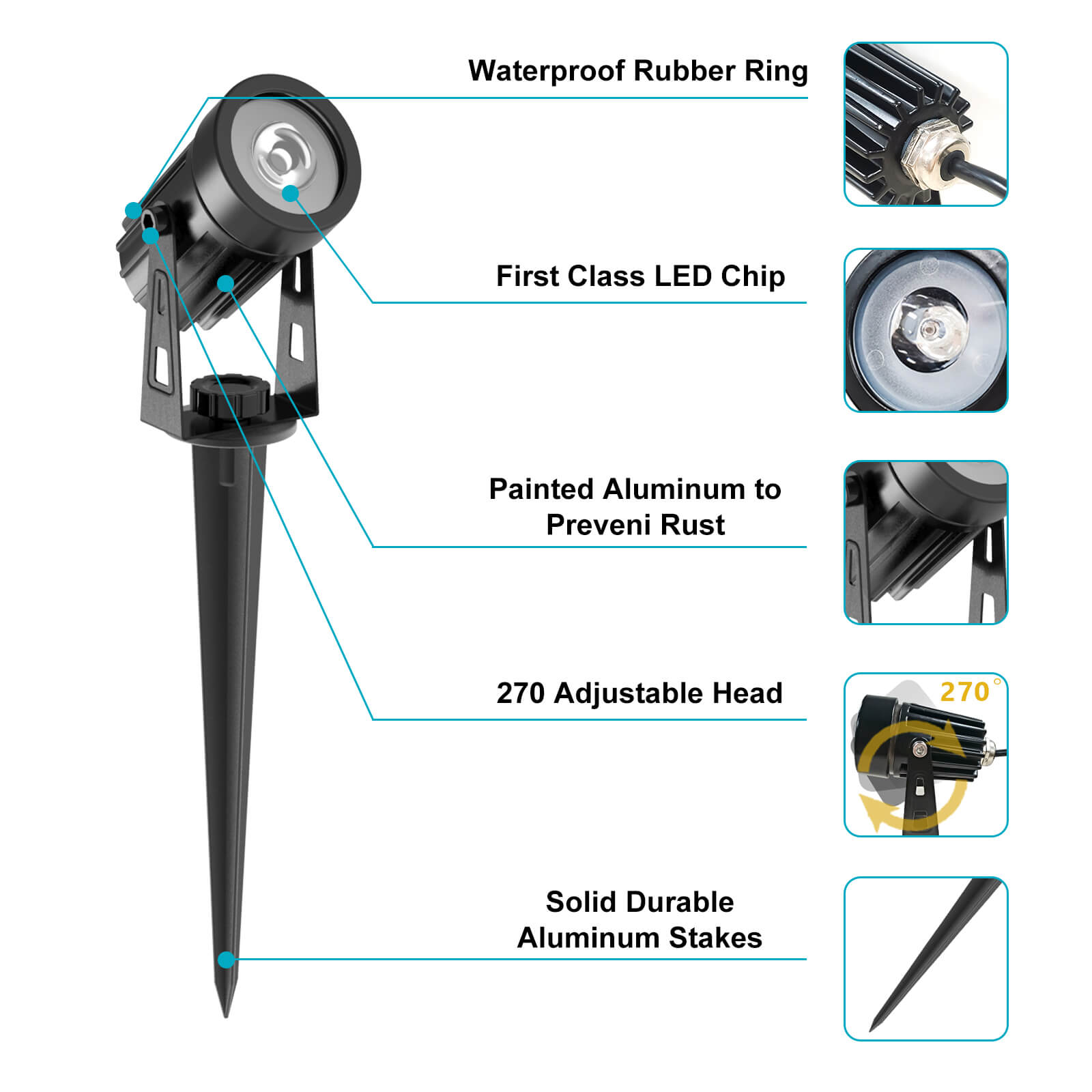 Solar Spot Lights Outdoor with Adjustable Angle and Long Cable - Waterproof Garden Lights