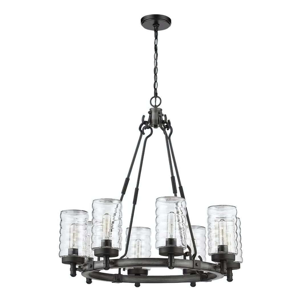 8 Light Outdoor Wagon Wheel Chandelier in Matte Black Glass