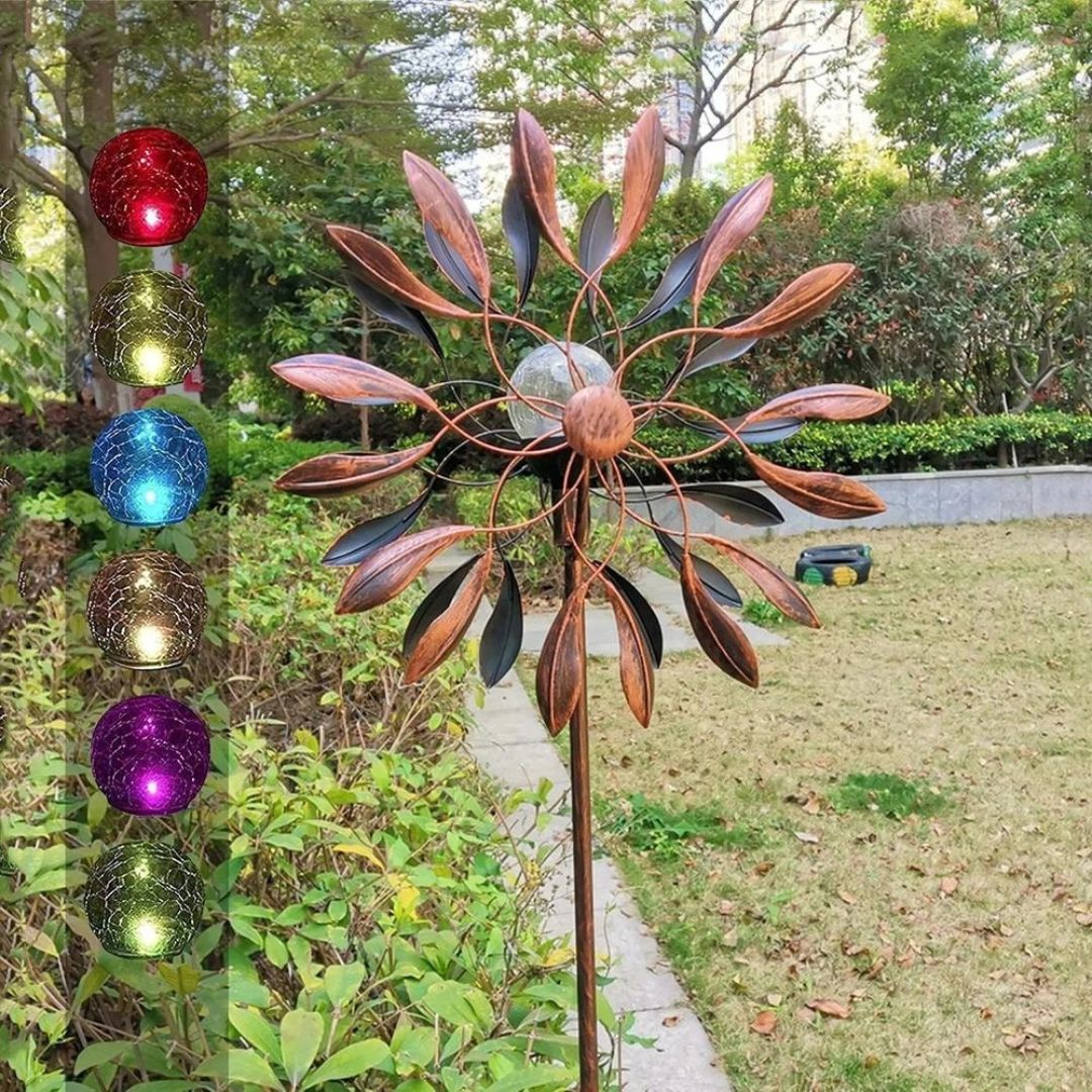 Solar Garden Wind Spinner with LED Lights Double-Sided Bronze Metal Decor