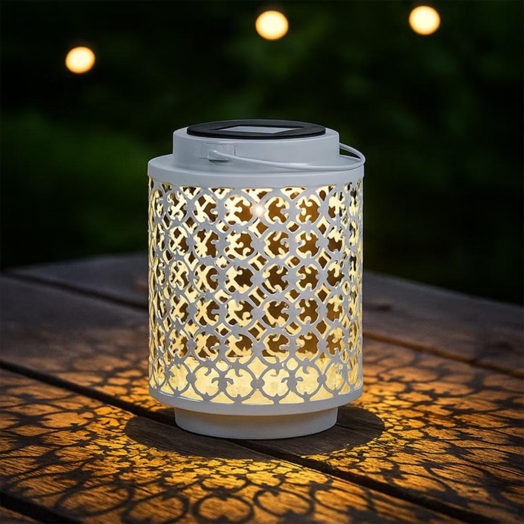 Solar LED Garden Lantern White Metal Oriental Design 7in Outdoor