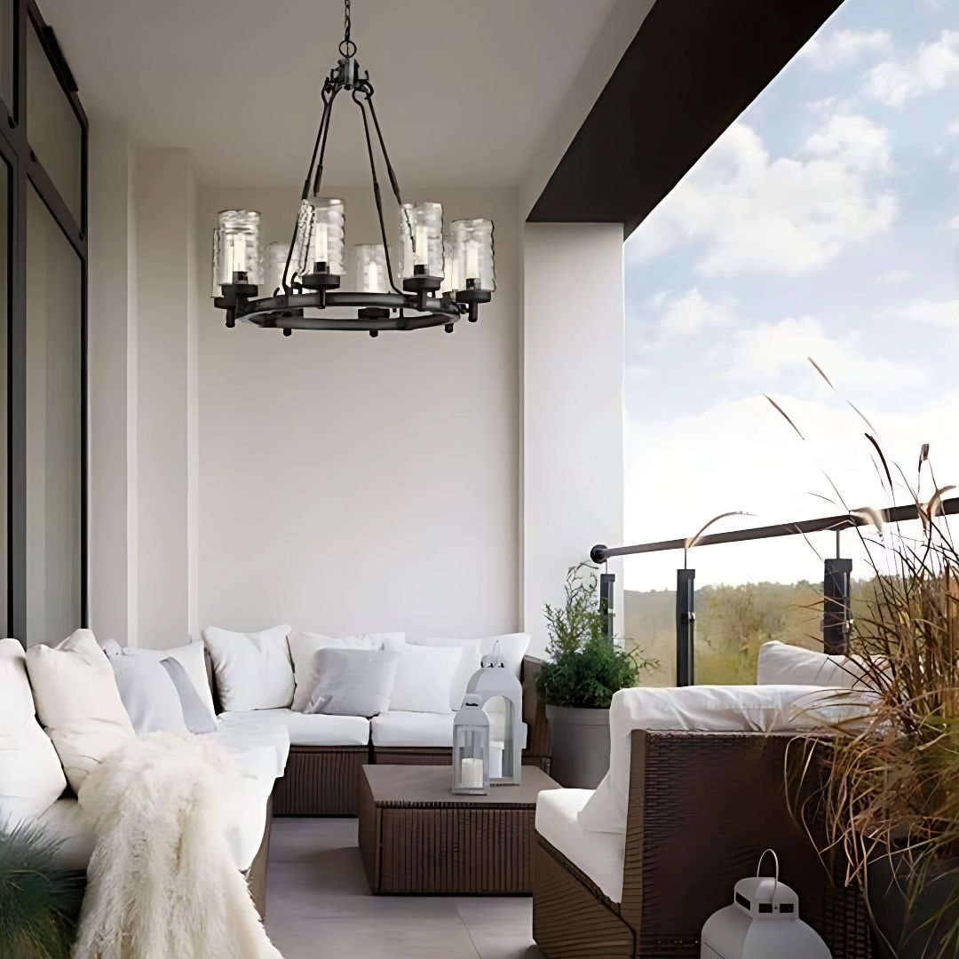 8 Light Outdoor Wagon Wheel Chandelier in Matte Black Glass