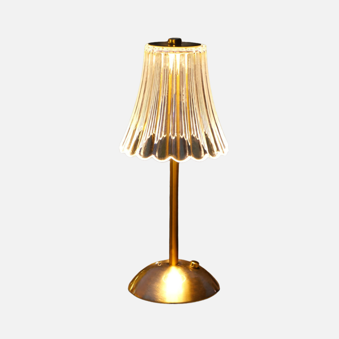 Vintage Brass Cordless Table Lamp with Pleated Glass Shade – Rechargeable, 120 Hours