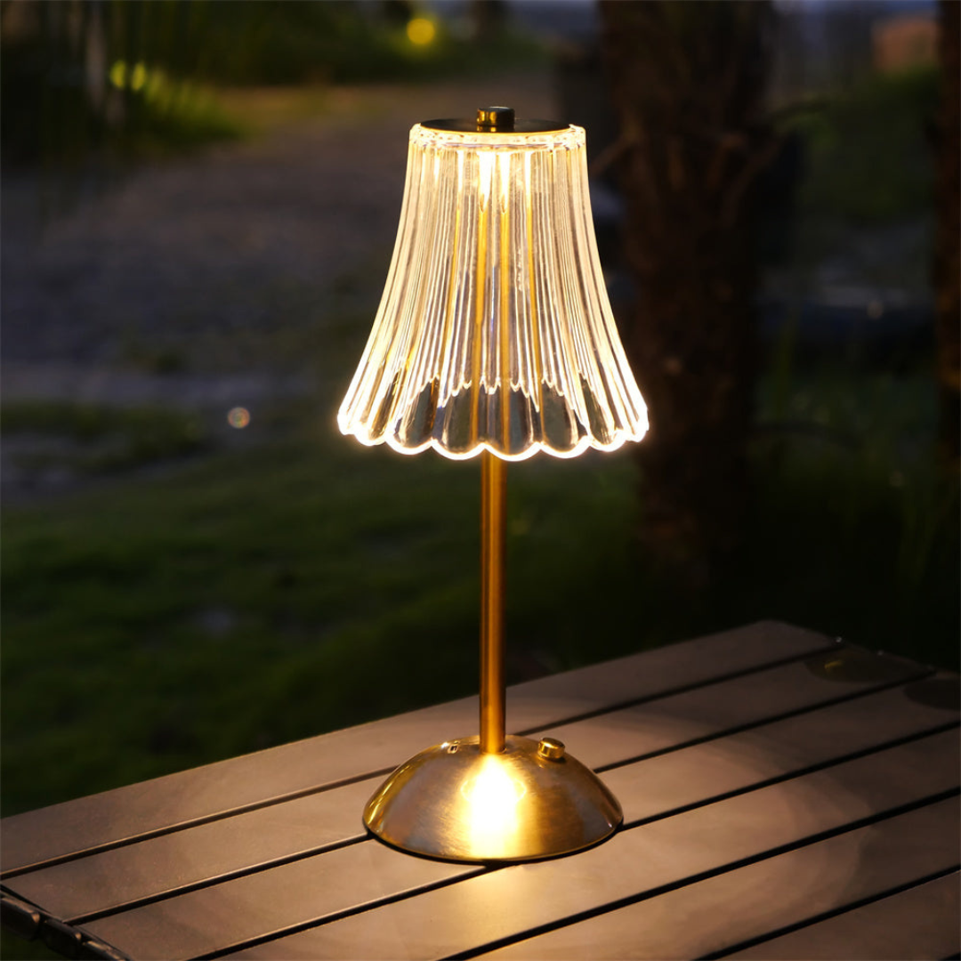 Vintage Brass Cordless Table Lamp with Pleated Glass Shade – Rechargeable, 120 Hours