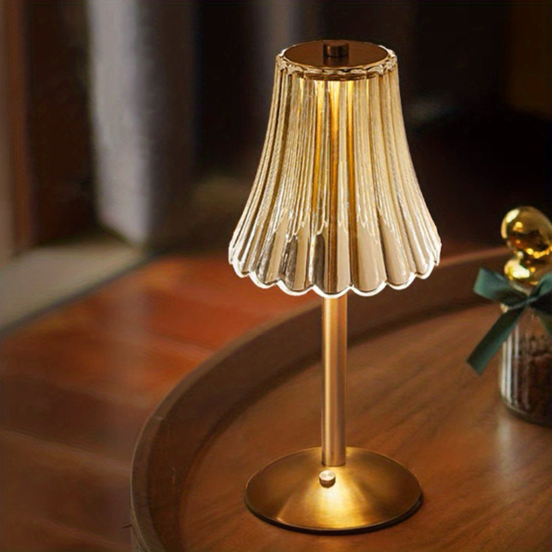 Vintage Brass Cordless Table Lamp with Pleated Glass Shade – Rechargeable, 120 Hours