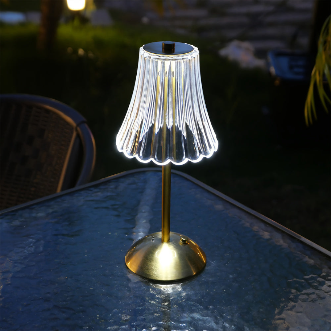 Vintage Brass Cordless Table Lamp with Pleated Glass Shade – Rechargeable, 120 Hours