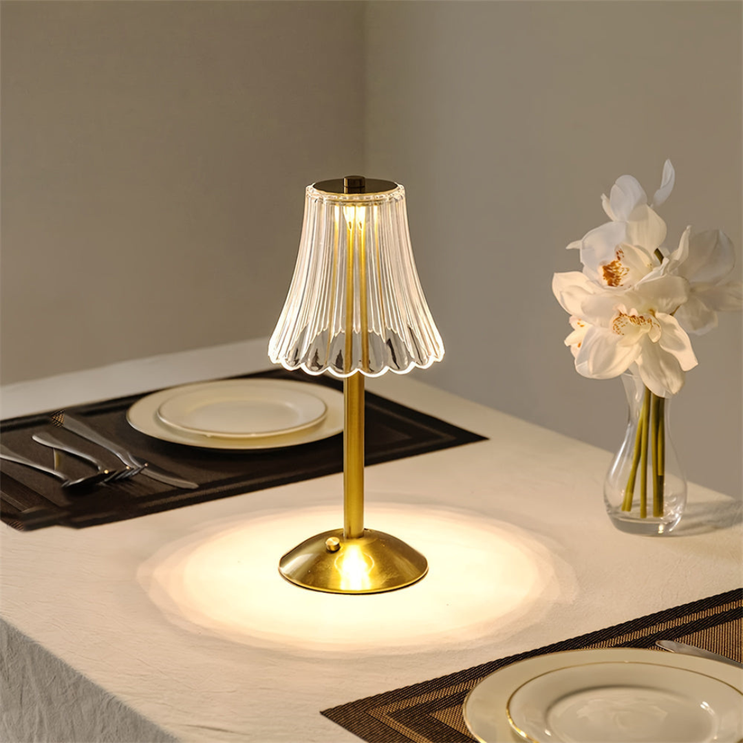 Vintage Brass Cordless Table Lamp with Pleated Glass Shade – Rechargeable, 120 Hours