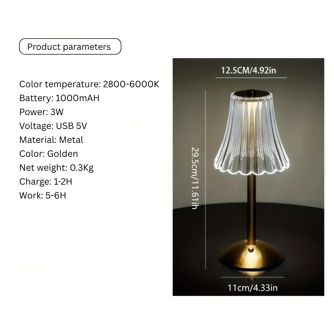Vintage Brass Cordless Table Lamp with Pleated Glass Shade – Rechargeable, 120 Hours