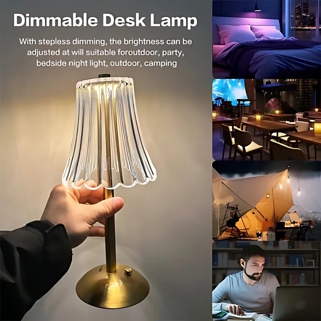 Vintage Brass Cordless Table Lamp with Pleated Glass Shade – Rechargeable, 120 Hours