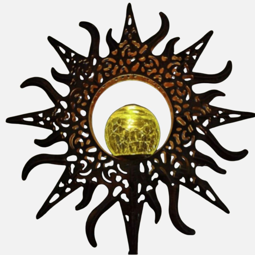 Solar Sun Garden Light with Iron Frame and Glass Globe – Gold
