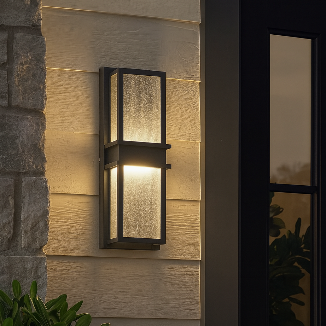 LED Outdoor Wall Sconce Black Seeded Glass 18in Dimmable Waterproof