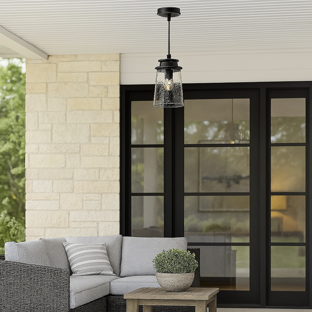 Outdoor Pendant Light with Clear Glass and Matte Black Frame - Weather-Resistant