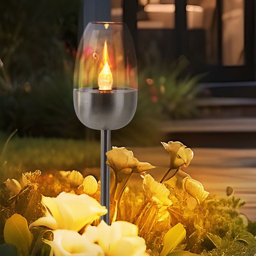 Solar LED Garden Light Set Flame Effect Silver Spike