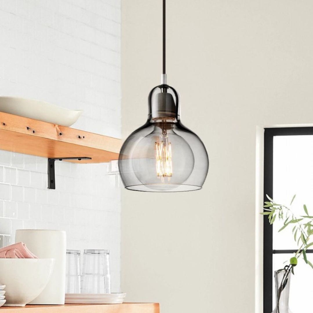 “Glass Pendant Light – Retro E27 Ceiling Lamp Ø11–18 cm, Blown Glass in Amber/Clear/Grey”