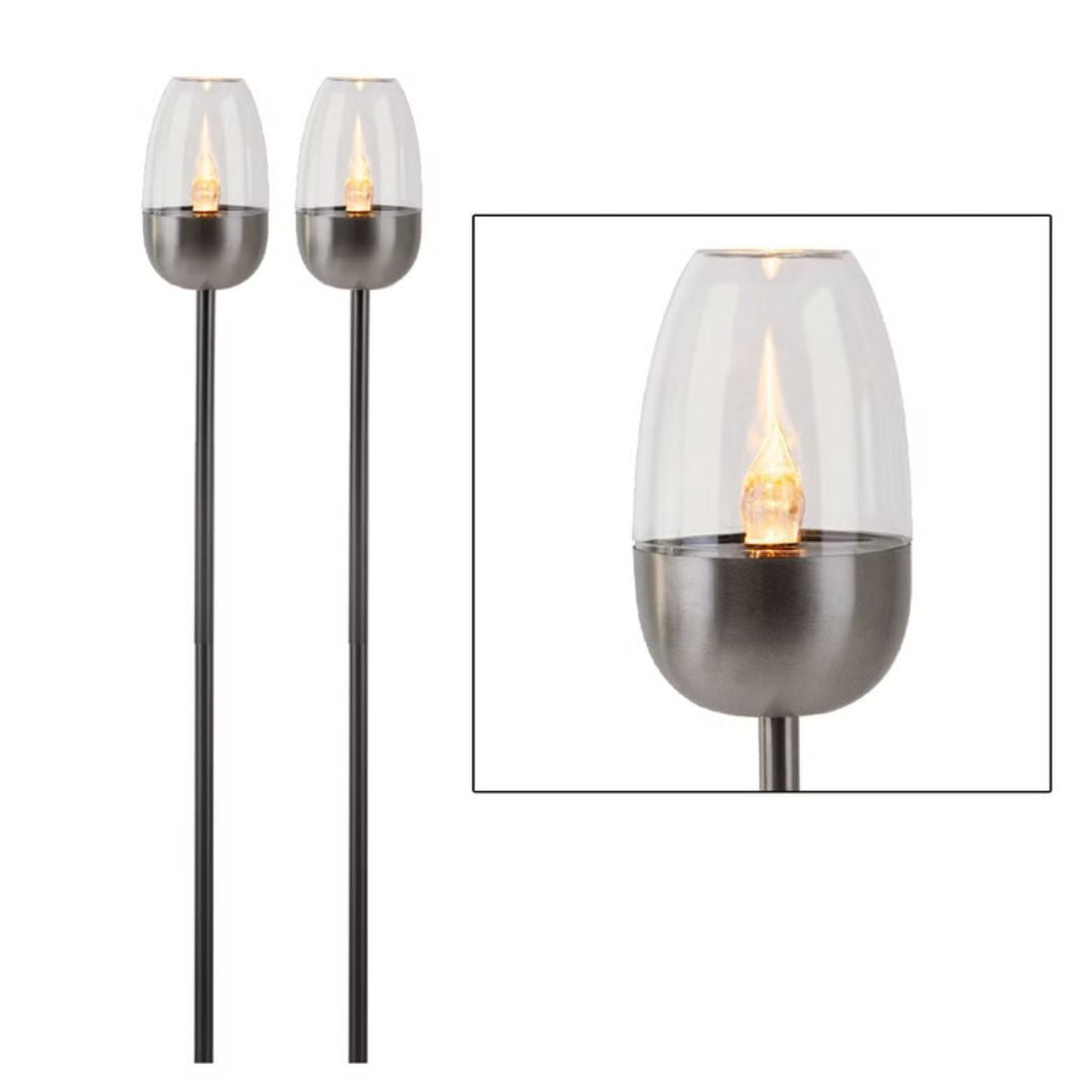 Solar LED Garden Light Set Flame Effect Silver Spike