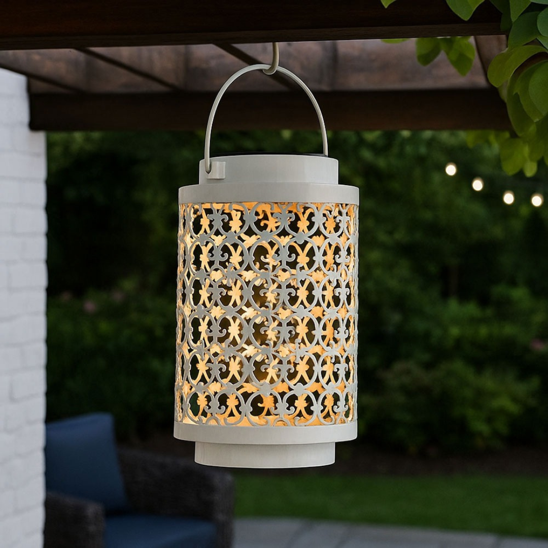 Solar LED Garden Lantern White Metal Oriental Design 7in Outdoor