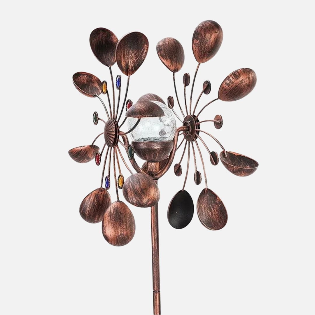 Solar Garden Wind Spinner with LED Lights Double-Sided Bronze Metal Decor