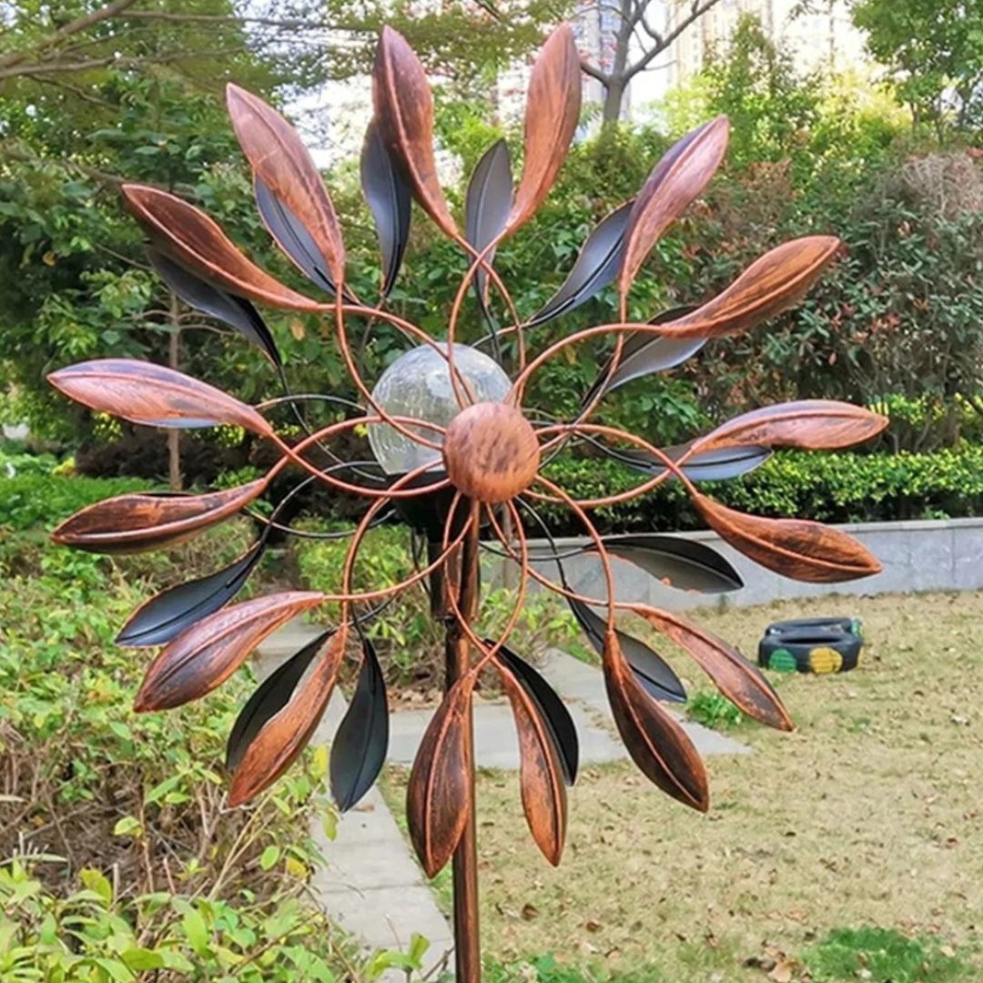 Solar Garden Wind Spinner with LED Lights Double-Sided Bronze Metal Decor