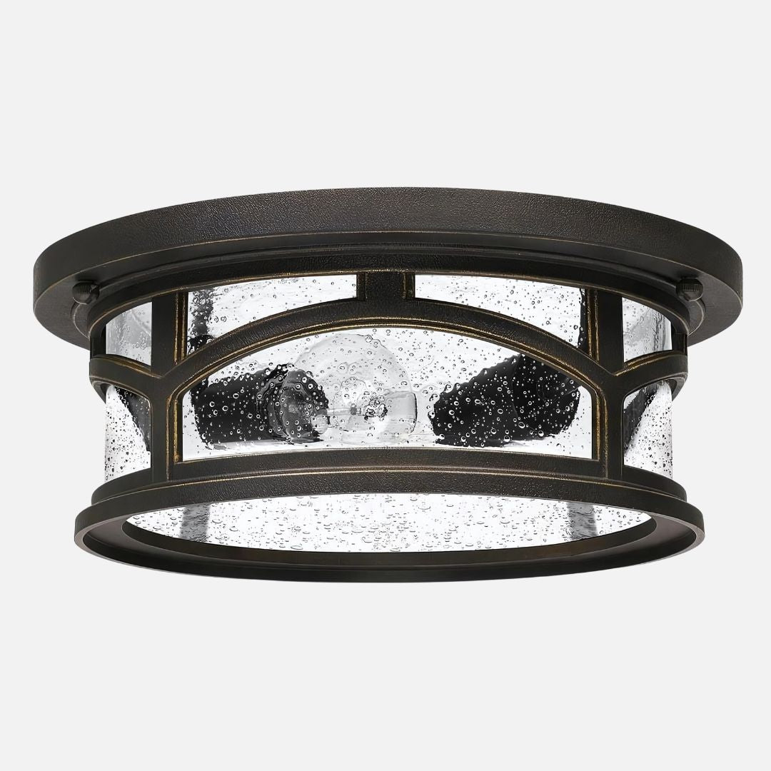 Outdoor Flush Mount Ceiling Light Clear Seedy Glass Black Drum Shade