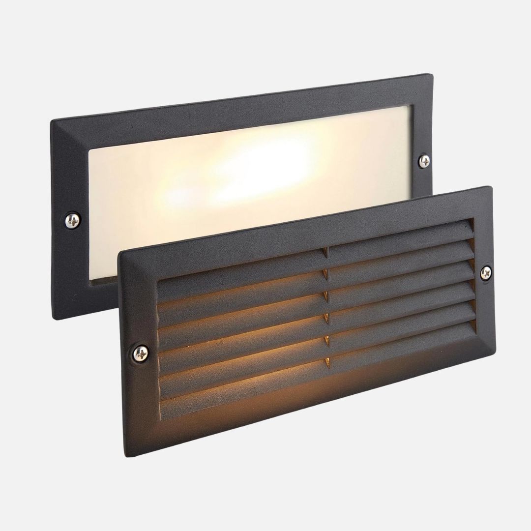 Outdoor Black Brick Light IP44 with Grille and Frosted Glass Panel
