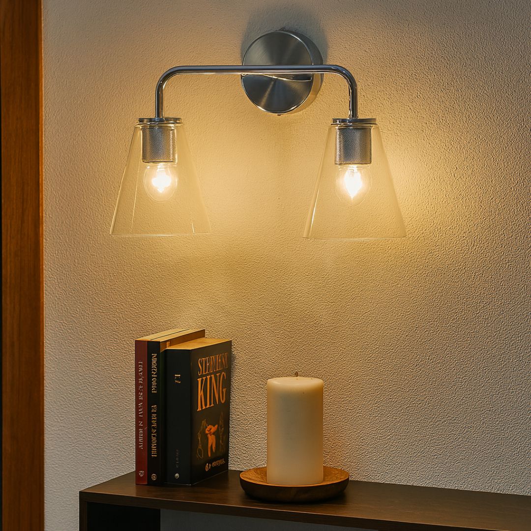 Silver Metal Wall Sconce Lighting with Clear Glass Shade – 27.6in Height