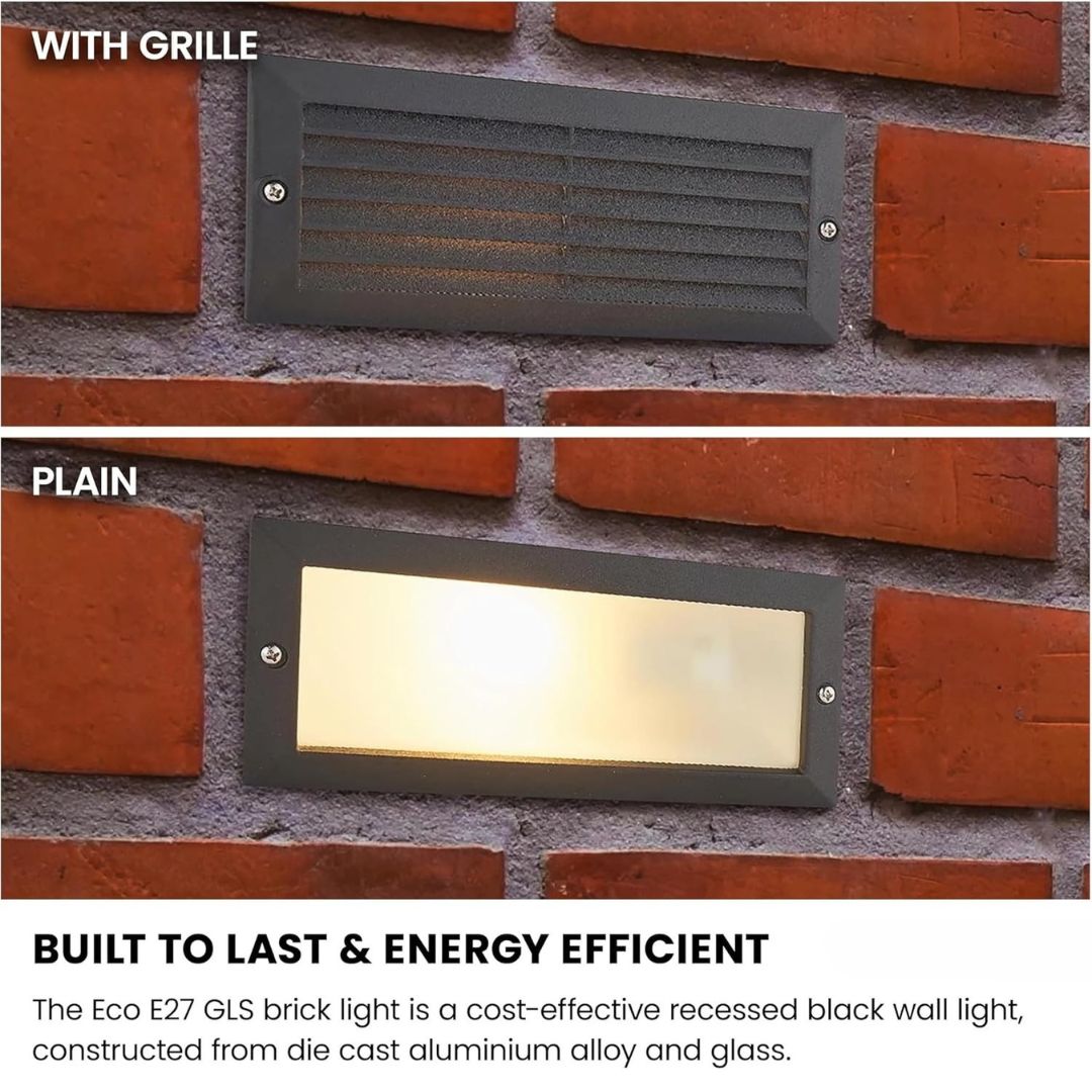 Outdoor Black Brick Light IP44 with Grille and Frosted Glass Panel