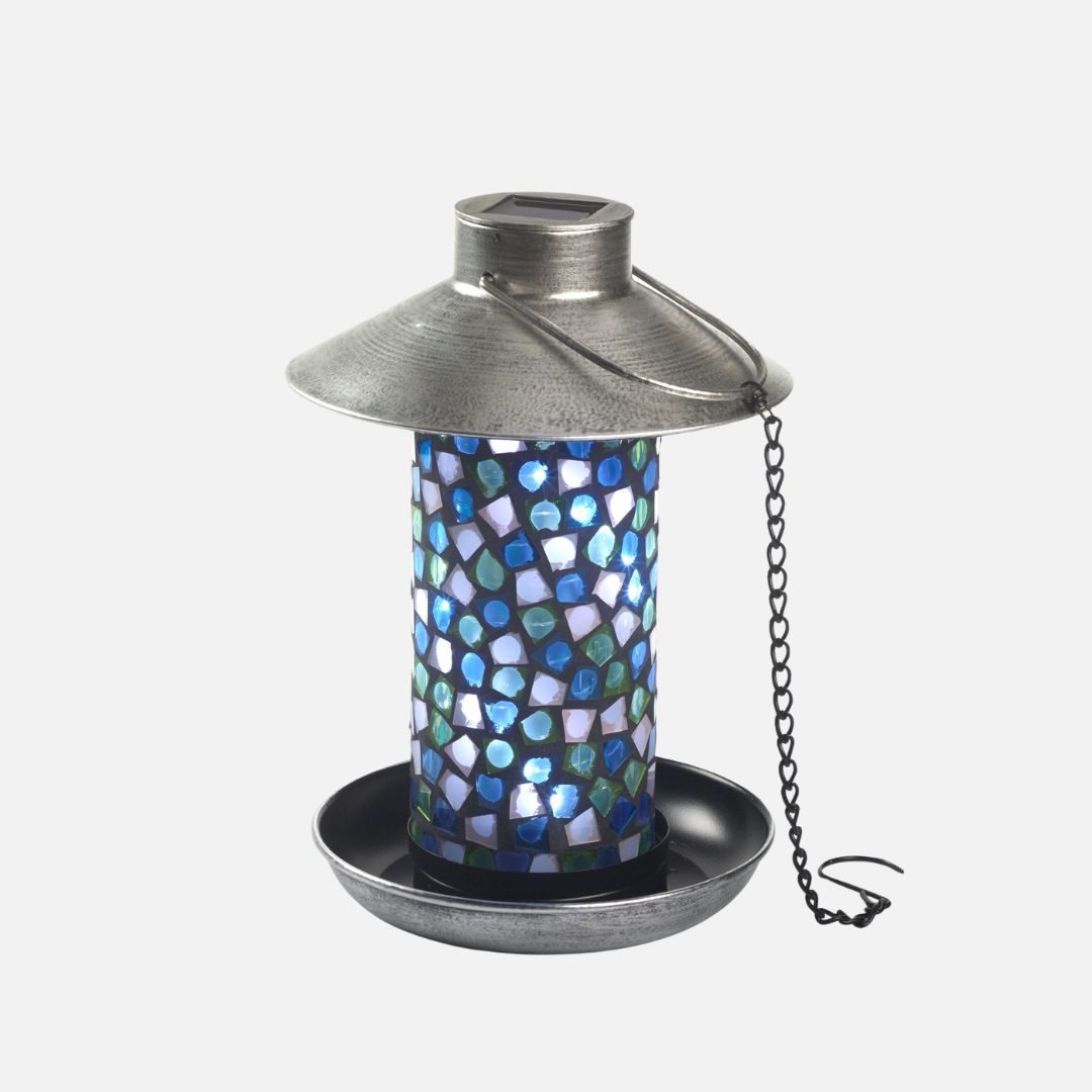 Solar Bird Feeder Light with Mosaic Glass and Pewter Finish