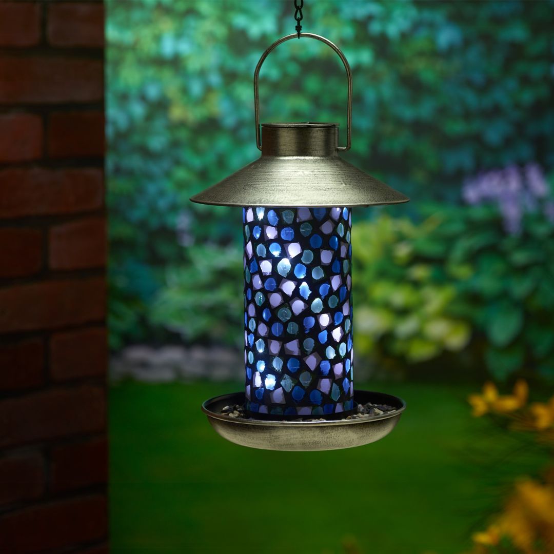 Solar Bird Feeder Light with Mosaic Glass and Pewter Finish
