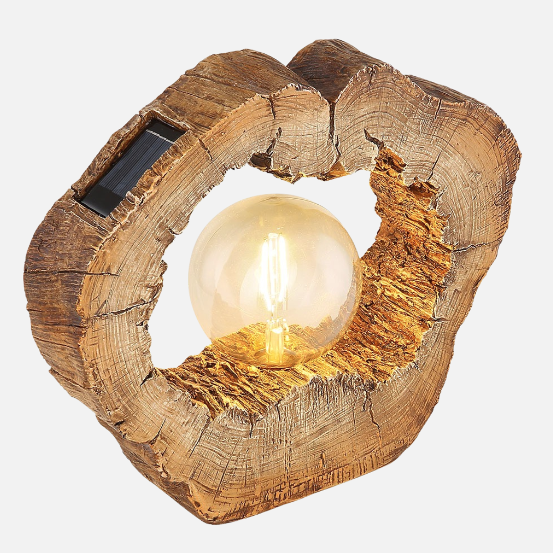 Solar LED Tree Disc Light, Wood Look, 12in Warm White
