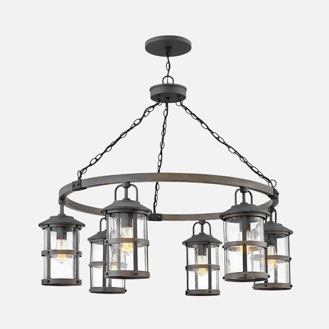 Aged Zinc Outdoor Pendant Light Fixture with Seedy Glass for Exterior Use