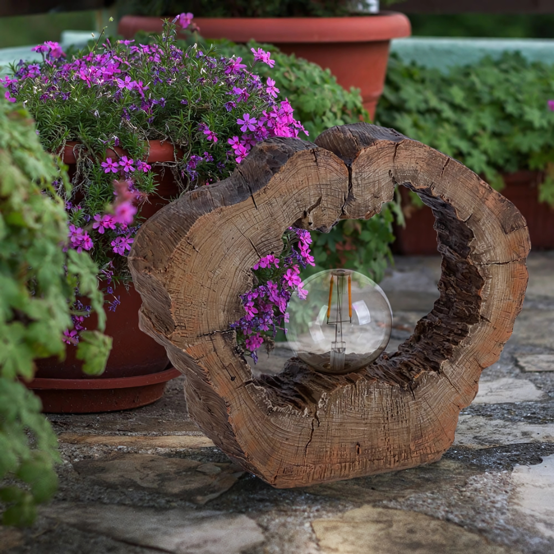 Solar LED Tree Disc Light, Wood Look, 12in Warm White
