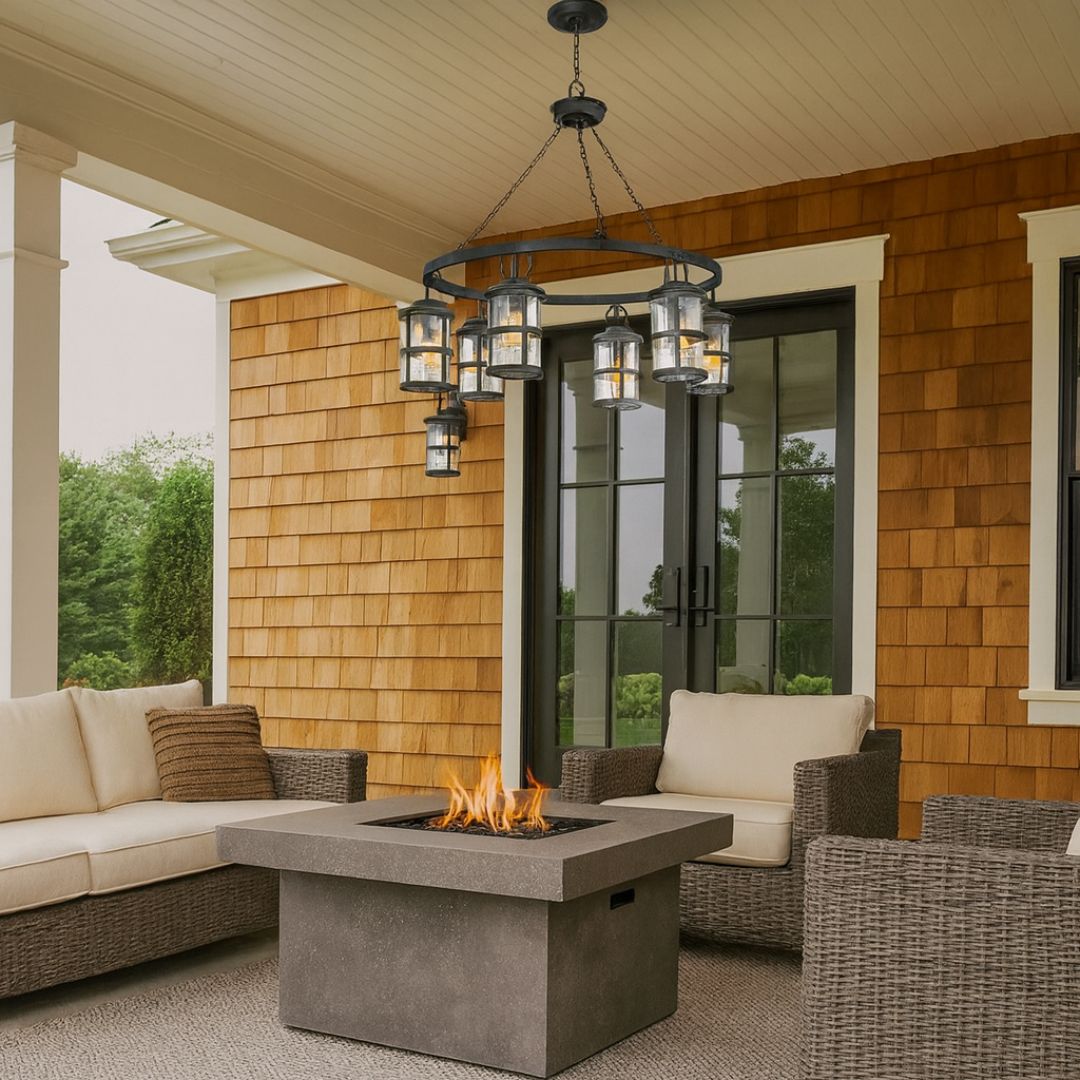 Aged Zinc Outdoor Pendant Light Fixture with Seedy Glass for Exterior Use