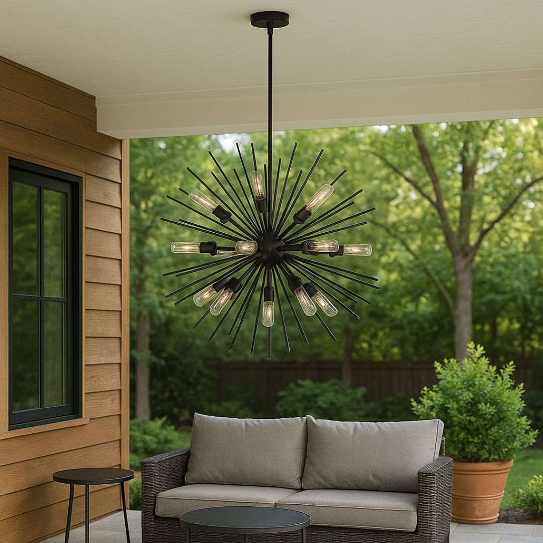Large Outdoor Chandelier with Slim Metal Arms and Globe Design - Modern Exterior Lighting
