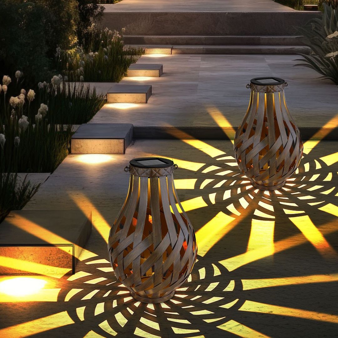Solar LED Garden Lights Set, Brown Bamboo, IP44, 2-Pack