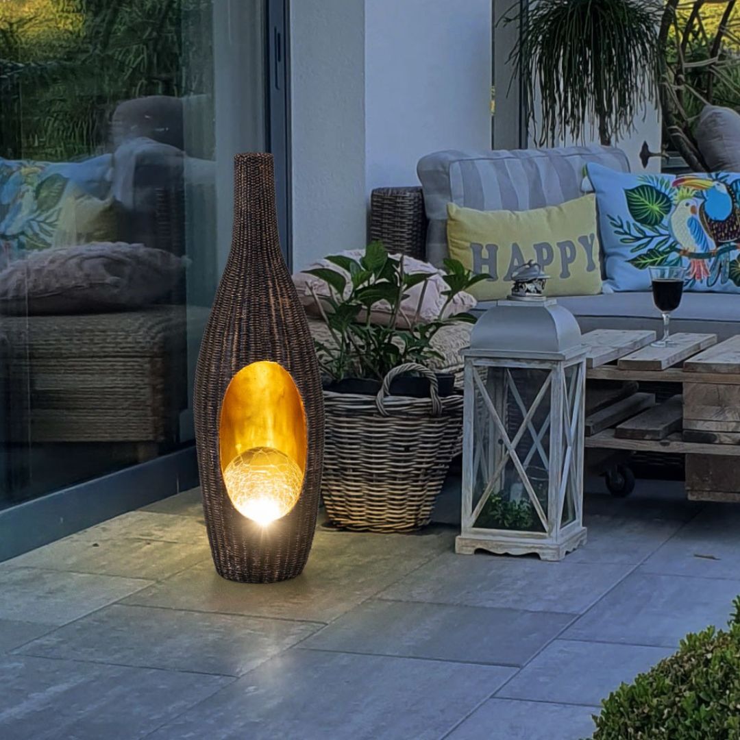 Solar LED Rattan Garden Lamp with Glass Ball Gold