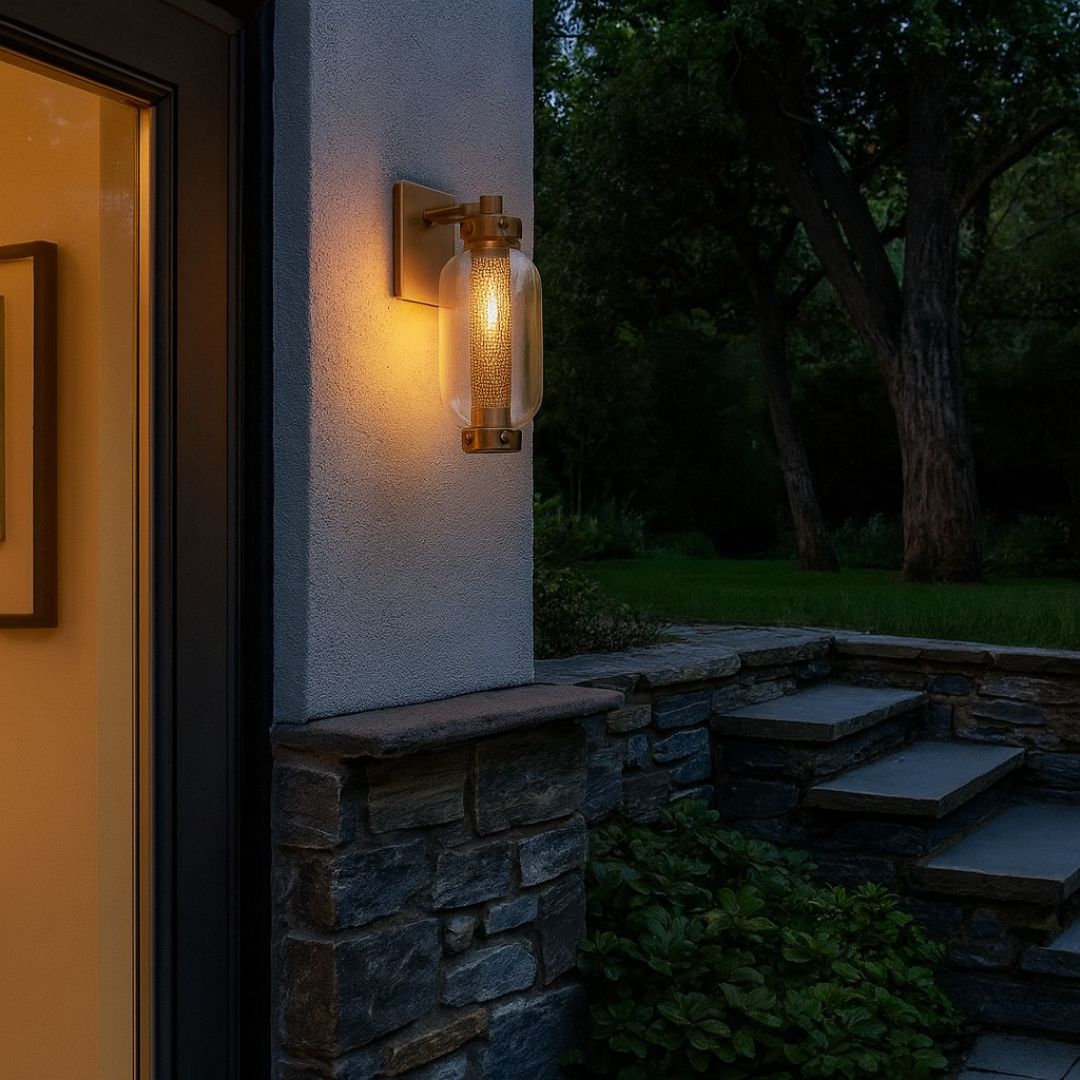 Outdoor Wall Sconce Light Brass Glass Cylinder Wet Rated